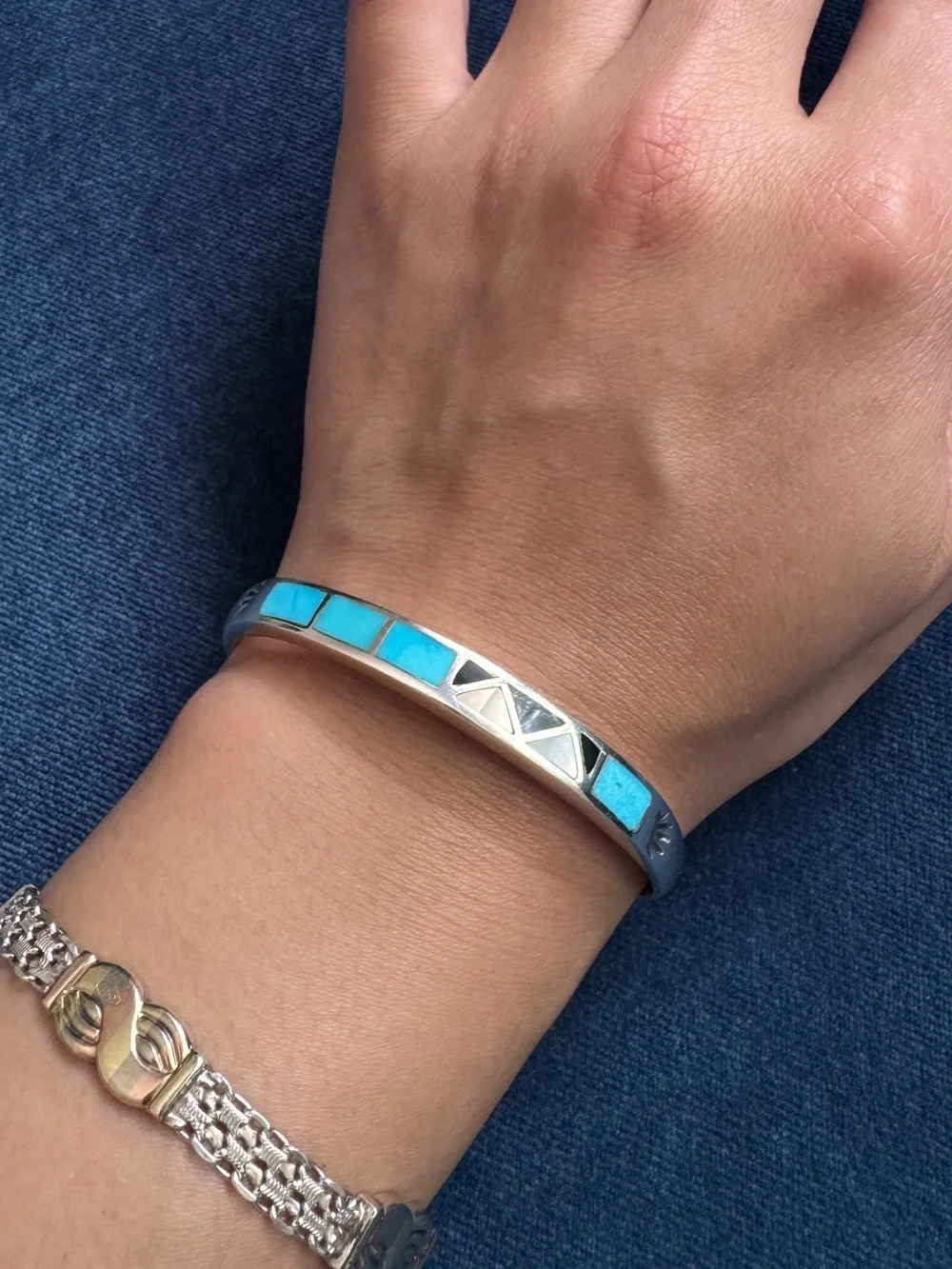 Native American Sterling Silver inlaid turquoise multi color Sign Cuff bracelet.